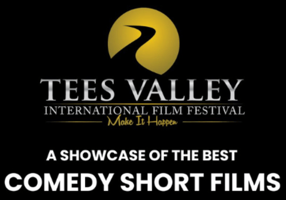 An images of the Tees Valley International Film Festival Logo with the text stating 'a showcase of the best Comedy Short Films' with the boarder with black and white in a film reel style.