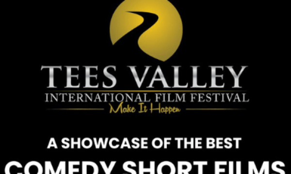 An images of the Tees Valley International Film Festival Logo with the text stating 'a showcase of the best Comedy Short Films' with the boarder with black and white in a film reel style.