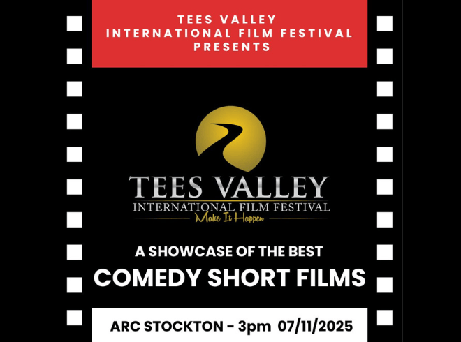 An images of the Tees Valley International Film Festival Logo with the text stating 'a showcase of the best Comedy Short Films' with the boarder with black and white in a film reel style.