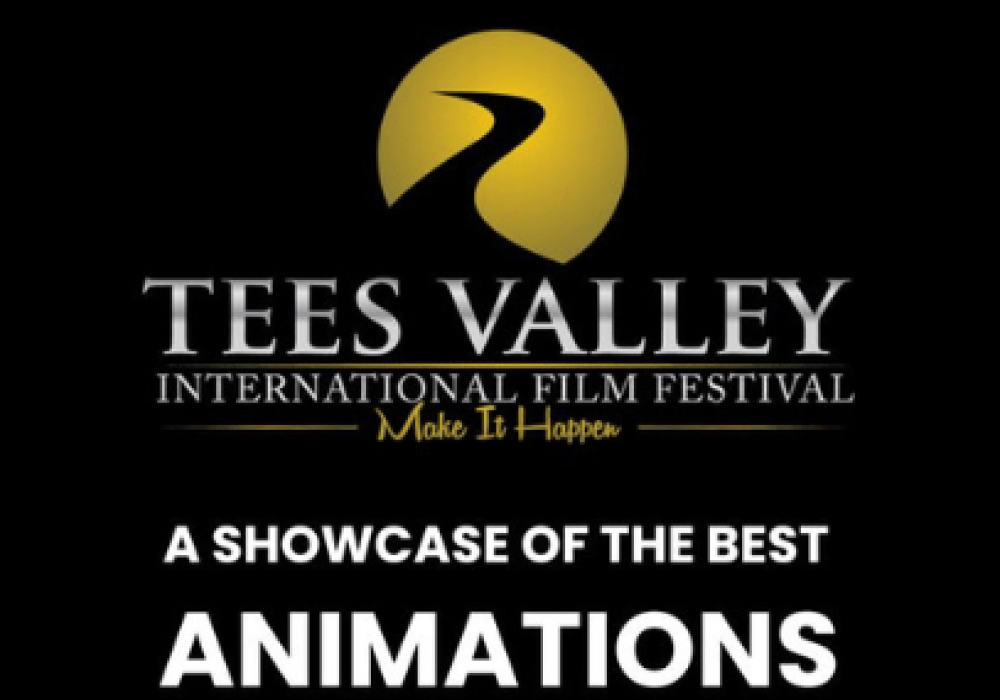 An images of the Tees Valley International Film Festival Logo with the text stating 'a showcase of the best Animations' with the boarder with black and white in a film reel style.