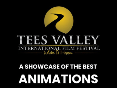 An images of the Tees Valley International Film Festival Logo with the text stating 'a showcase of the best Animations' with the boarder with black and white in a film reel style.
