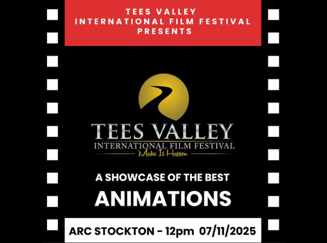 An images of the Tees Valley International Film Festival Logo with the text stating 'a showcase of the best Animations' with the boarder with black and white in a film reel style.