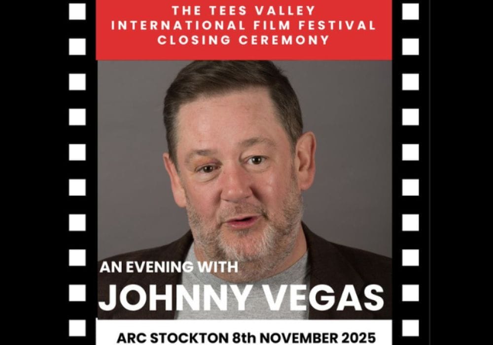 An images of actor Jonny Vegas looking at the camera with a beige background with the text stating 'an evening with Jonny Vegas' with the boarder with black and white in a film reel style.