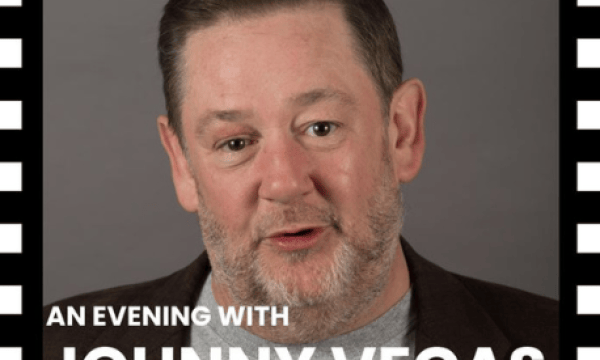 An images of actor Jonny Vegas looking at the camera with a beige background with the text stating 'an evening with Jonny Vegas' with the boarder with black and white in a film reel style.