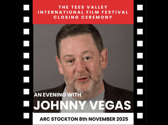 An images of actor Jonny Vegas looking at the camera with a beige background with the text stating 'an evening with Jonny Vegas' with the boarder with black and white in a film reel style.