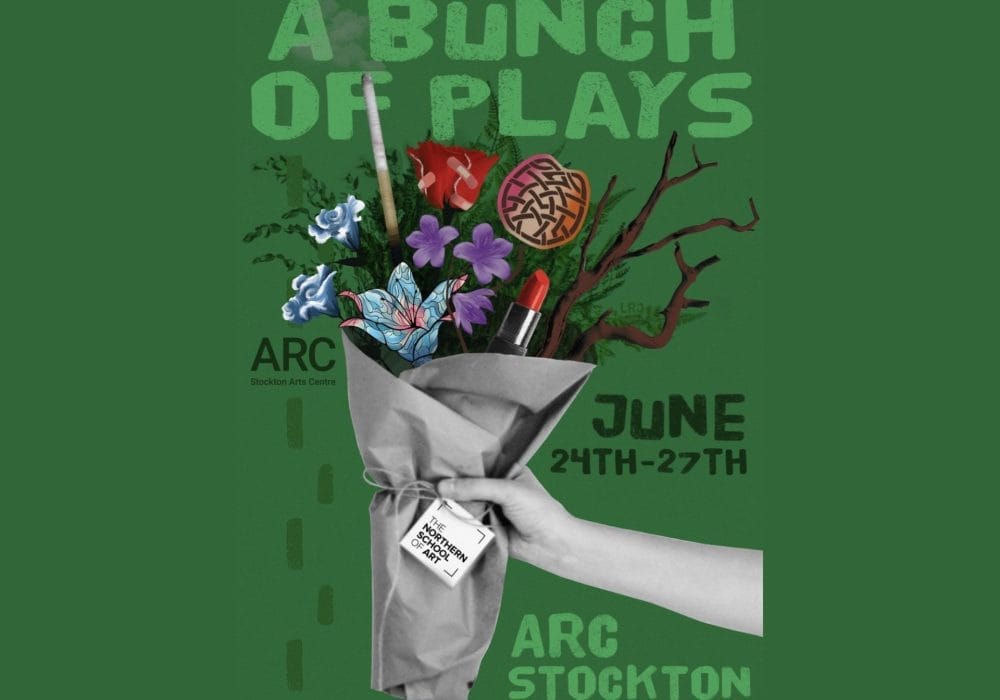 A green background with a black and white hand holding a bunch of flowers in various different colours. Green text above says 'a bunch of plays'