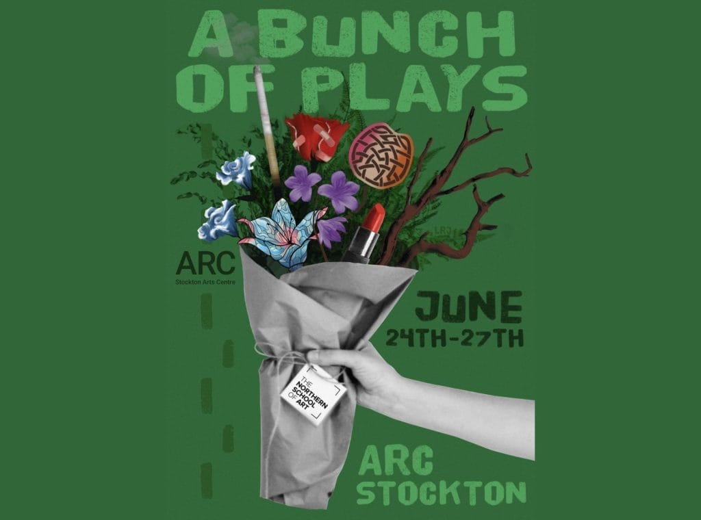 A green background with a black and white hand holding a bunch of flowers in various different colours. Green text above says 'a bunch of plays'