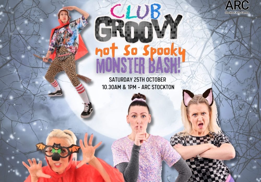 Performers in colourful, fun costumes - there's someone in a red cape with leopard print trousers, another person making a "shush" gesture in a sparkly outfit, and someone with cat ears looking playfully grumpy. There's also a character with bat-themed accessories.