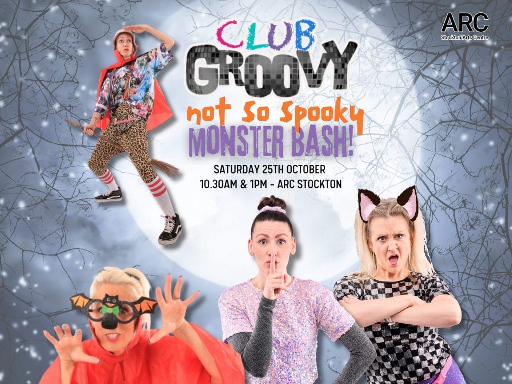 Performers in colourful, fun costumes - there's someone in a red cape with leopard print trousers, another person making a "shush" gesture in a sparkly outfit, and someone with cat ears looking playfully grumpy. There's also a character with bat-themed accessories.
