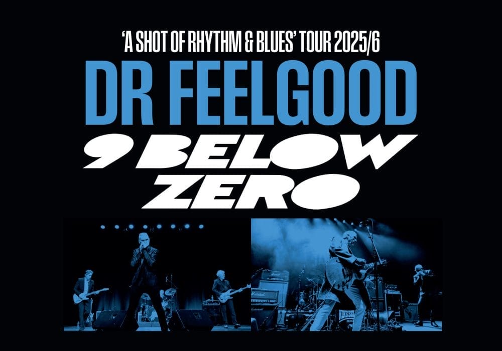 the band name "DR FEELGOOD" in large blue letters and "9 BELOW ZERO" in white stylized text below. The bottom half shows a live performance photograph of the band on stage with blue stage lighting, featuring musicians with guitars, drums, and amplifiers. The overall design has a black background with white and blue text elements.