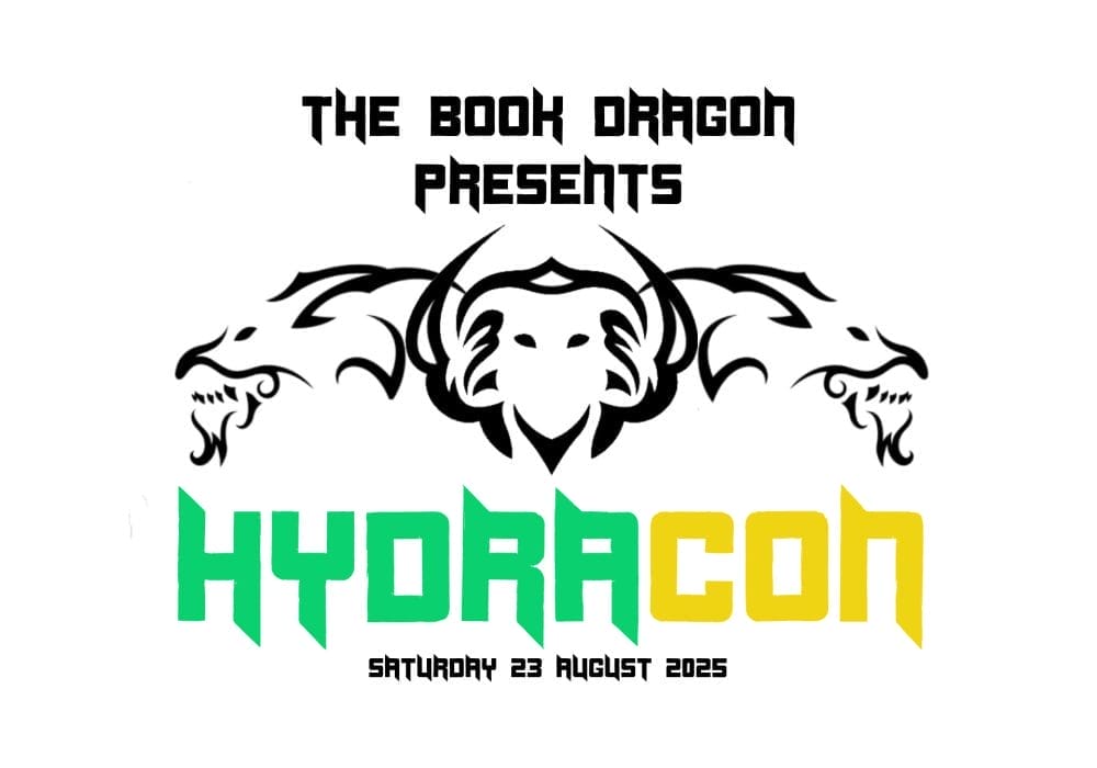 The Book Dragon Presents at the top with a stylised dragon logo, and the event name "HYDRACON" in bold green and yellow lettering.