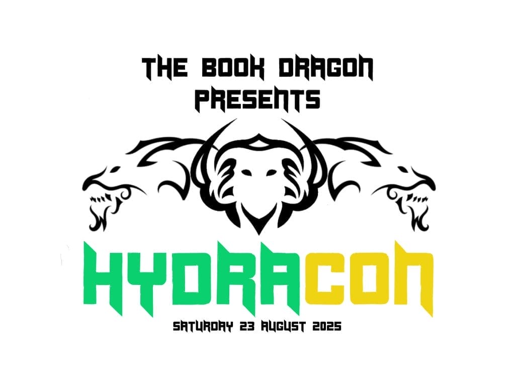 The Book Dragon Presents at the top with a stylised dragon logo, and the event name "HYDRACON" in bold green and yellow lettering.