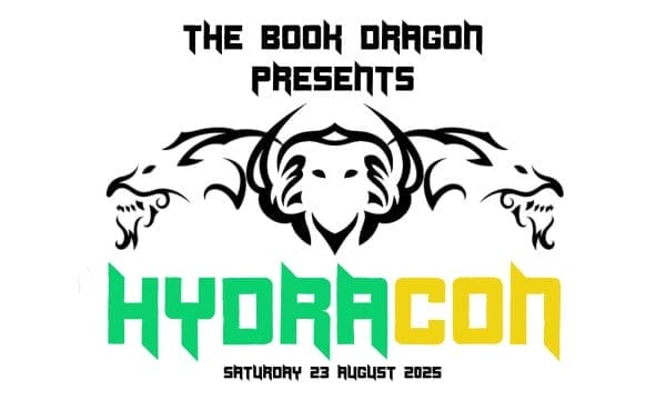 The Book Dragon Presents at the top with a stylised dragon logo, and the event name "HYDRACON" in bold green and yellow lettering.