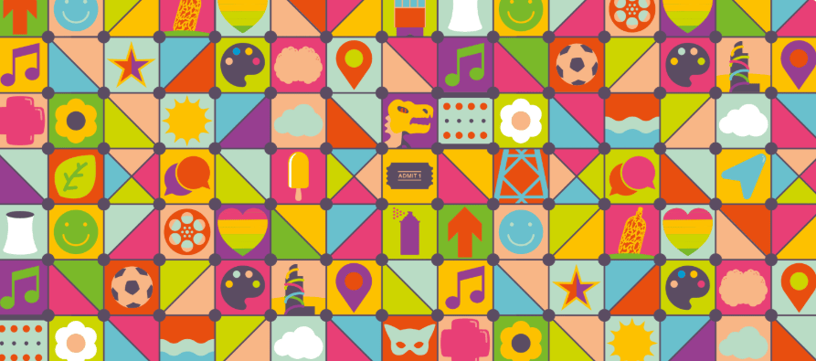 A colourful image filled with various squares representing the arts and culture in the Tees Valley.