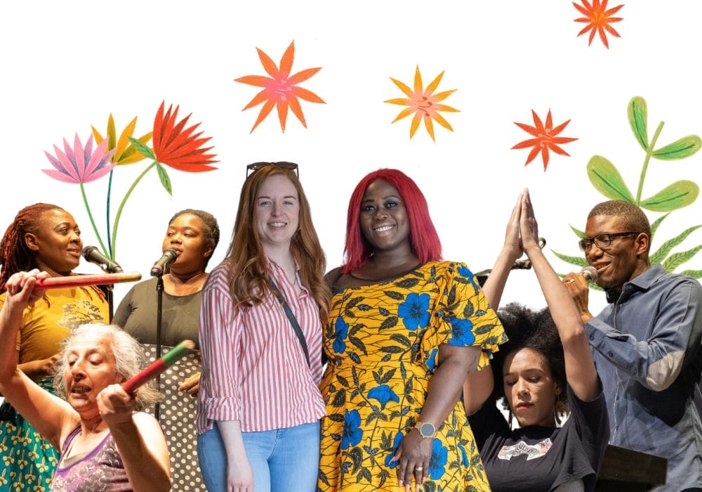 A montage of different people doing different things including dancing, singing and speaking. All on a light green background with illustrations of flowers.