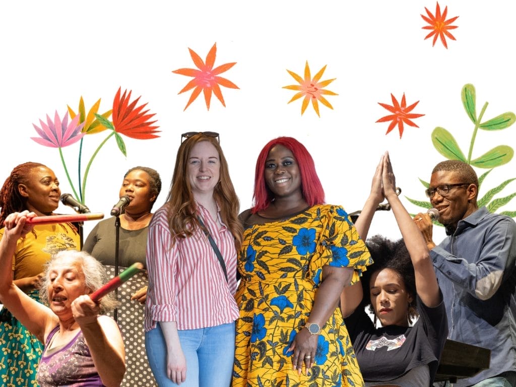 A montage of different people doing different things including dancing, singing and speaking. All on a light green background with illustrations of flowers.