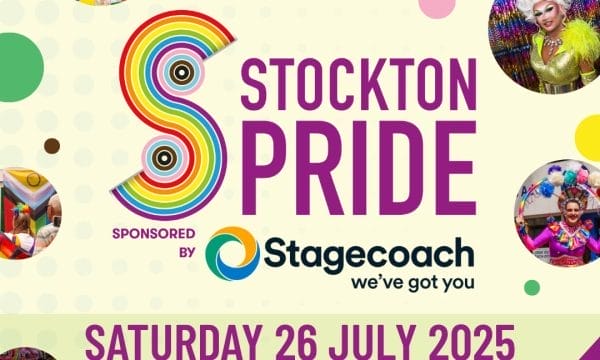 A colorful promotional poster for Stockton Pride, scheduled for Saturday 26 July 2025. The event is sponsored by Stagecoach and features vibrant rainbow-themed designs. Circular photos showcase drag performers, attendees in Pride outfits, and community stalls. Logos at the top include Curious Arts, Pride in Tees Valley, Wellington Square, Stockton Globe, and ARC Stockton Arts Centre. The bottom of the poster lists supporters such as Arts Council England, Tees Valley, Stockton-on-Tees Borough Council, Foster with North East, Artistic Solutions Ltd, Stockton BID, and Cleveland Fire Brigade. A rainbow diagonal stripe runs across the bottom right corner.