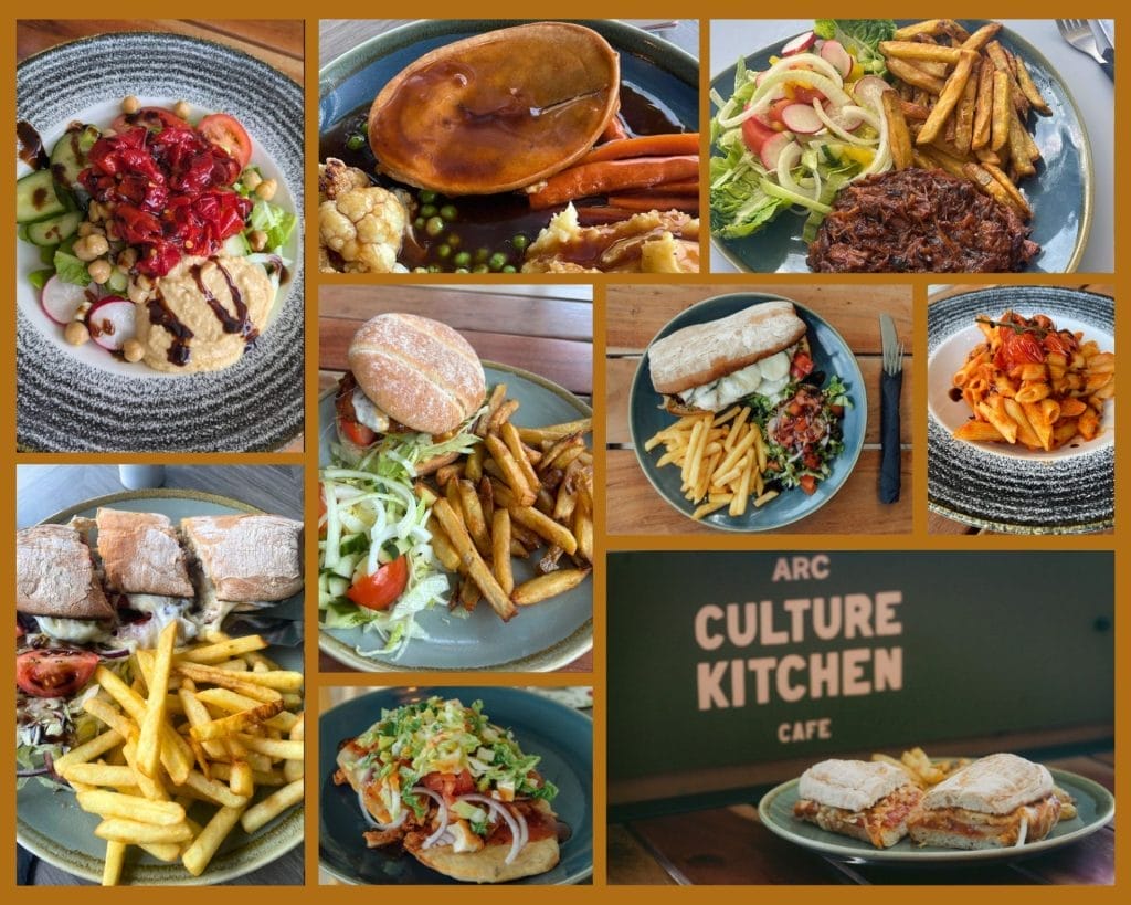 A collage of various plated meals including salads, sandwiches with fries, pasta, a pie with vegetables, and a "Culture Kitchen Café" sign.