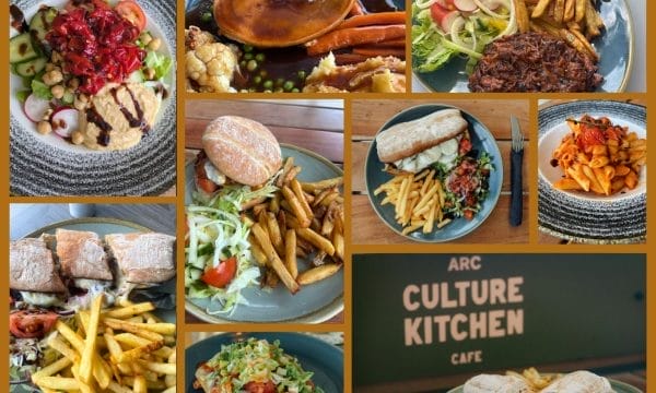 A collage of various plated meals including salads, sandwiches with fries, pasta, a pie with vegetables, and a "Culture Kitchen Café" sign.