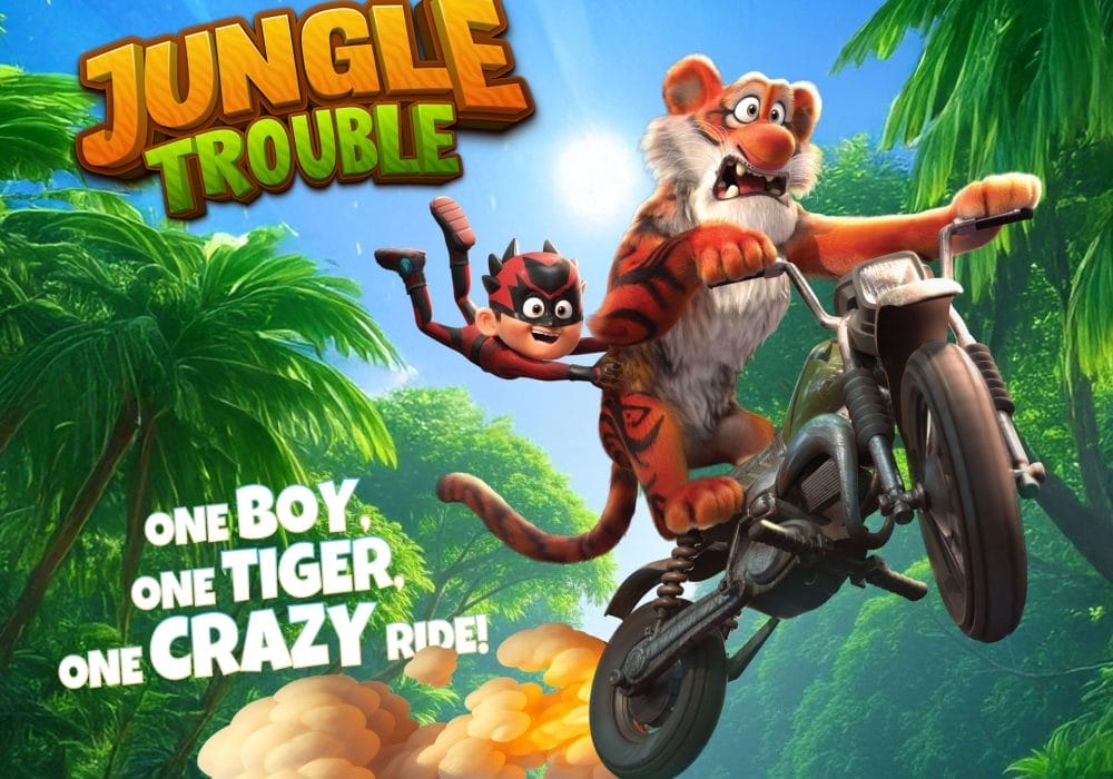 A tiger riding a motorbike with a young boy hanging off his back riding through the jungle.