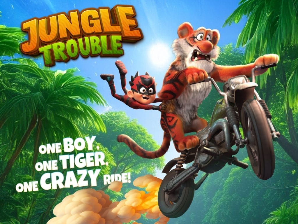 A tiger riding a motorbike with a young boy hanging off his back riding through the jungle.