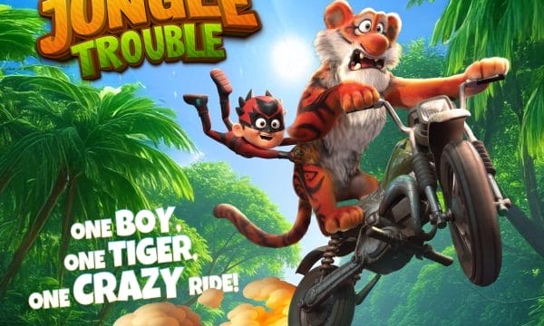 A tiger riding a motorbike with a young boy hanging off his back riding through the jungle.