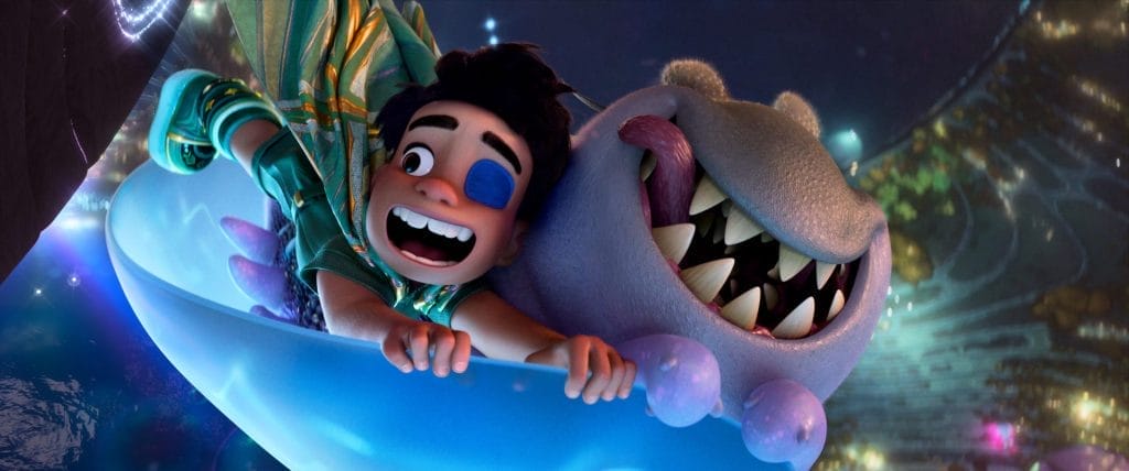 Elio flying through the sky next to an animated character.