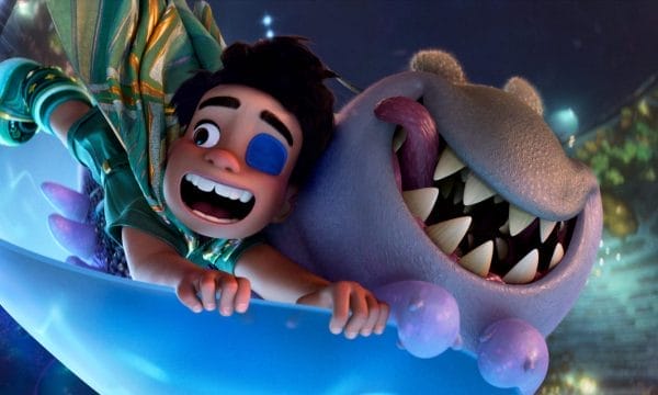 Elio flying through the sky next to an animated character.