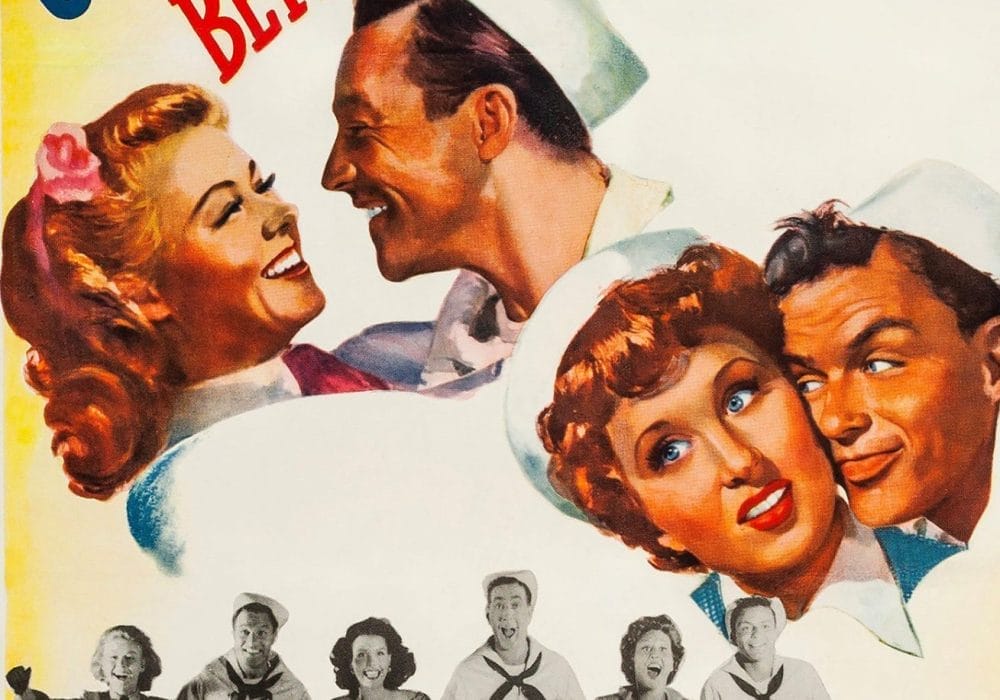 painted portraits of couples in 1940s or 1950s style. The main focus is on two romantic couples rendered in warm, golden tones typical of mid-century illustration. In the upper left, a blonde woman with a pink flower in her hair gazes lovingly at a dark-haired man in what appears to be a sailor's white uniform. In the lower right, another couple is shown - a woman with auburn hair and blue eyes looking at a man, also in naval attire.