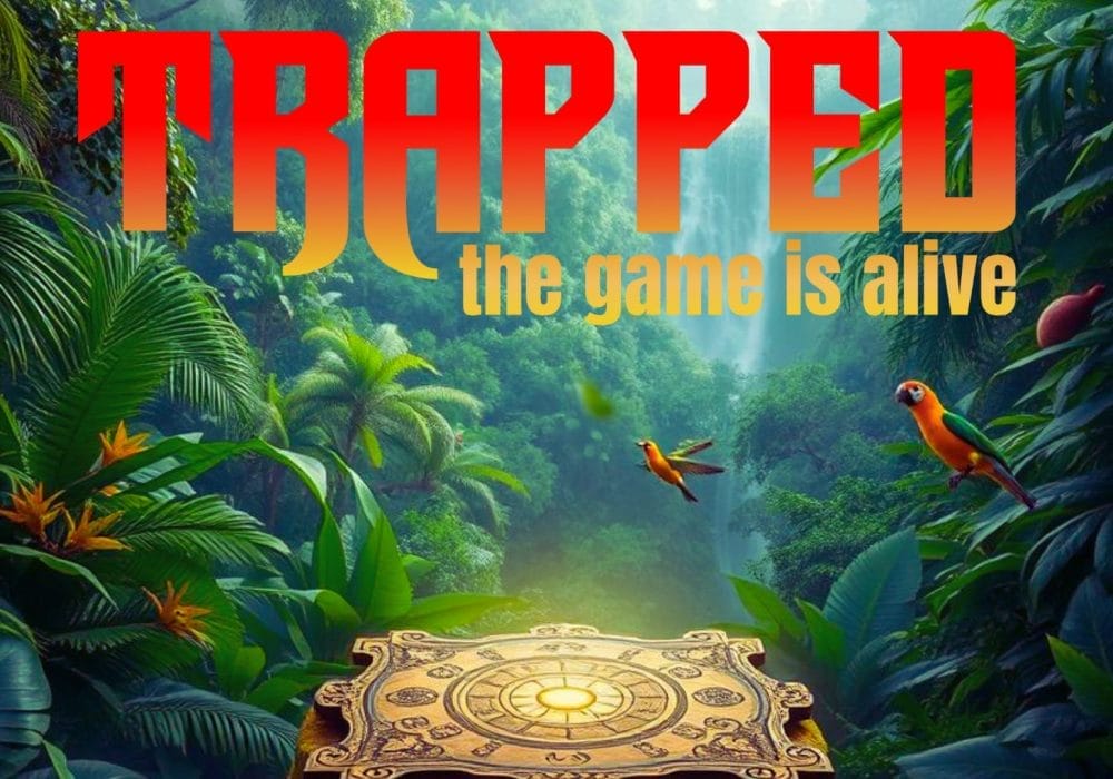 A jungle scene with a gold tomb in the centre of the image. Red, Orange, and Yellow ombre text Trapped The Game Is Alive