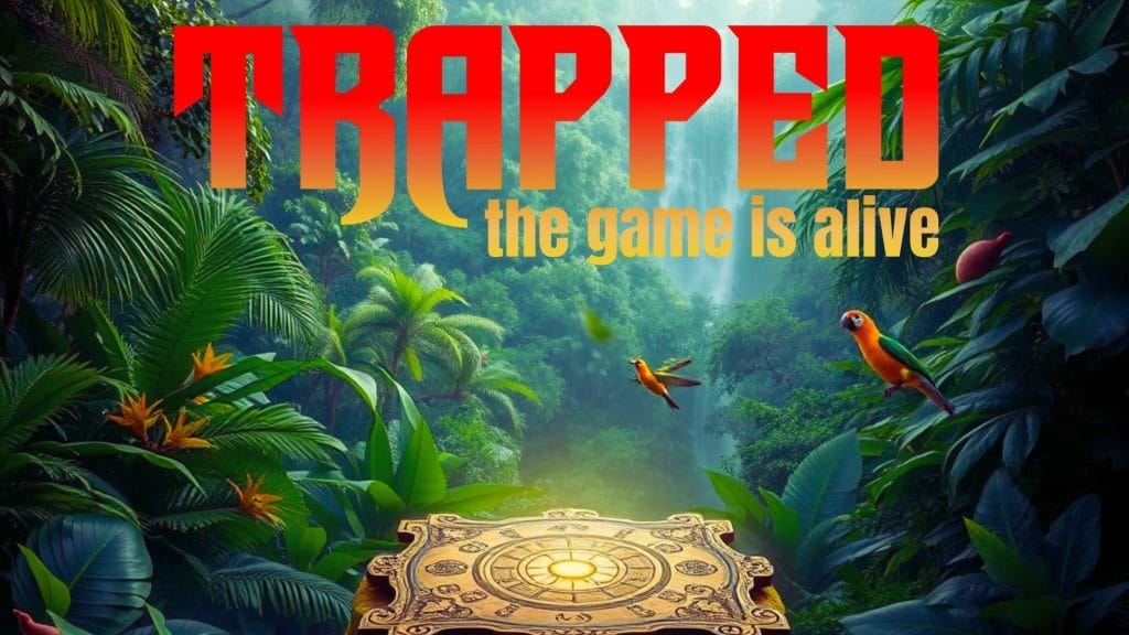 A jungle scene with a gold tomb in the centre of the image. Red, Orange, and Yellow ombre text Trapped The Game Is Alive