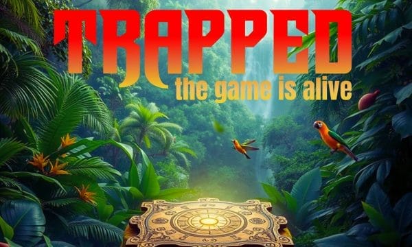 A jungle scene with a gold tomb in the centre of the image. Red, Orange, and Yellow ombre text Trapped The Game Is Alive