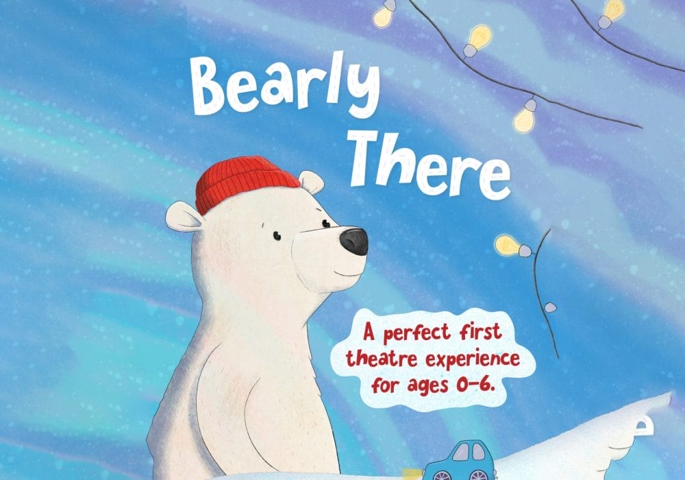 Illustration of a friendly white polar bear wearing a red knitted hat against a blue watercolour sky with string lights. The title 