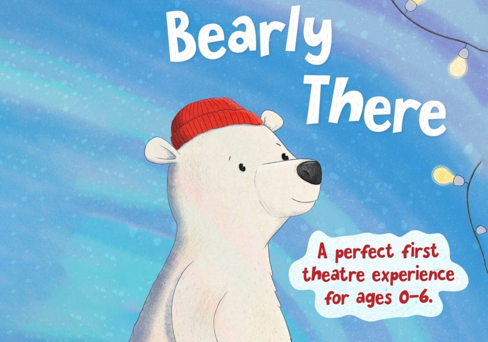 Illustration of a friendly white polar bear wearing a red knitted hat against a blue watercolour sky with string lights. The title 