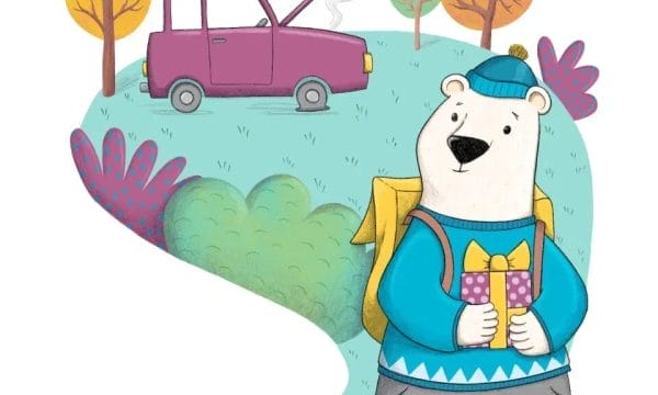 Illustration of a white bear wearing a blue sweater, blue hat, and yellow backpack, holding a purple gift with a yellow ribbon. In the background, a purple car with its hood open is emitting steam, suggesting it's broken down. The scene is set in a colorful landscape with trees and bushes in autumn tones.