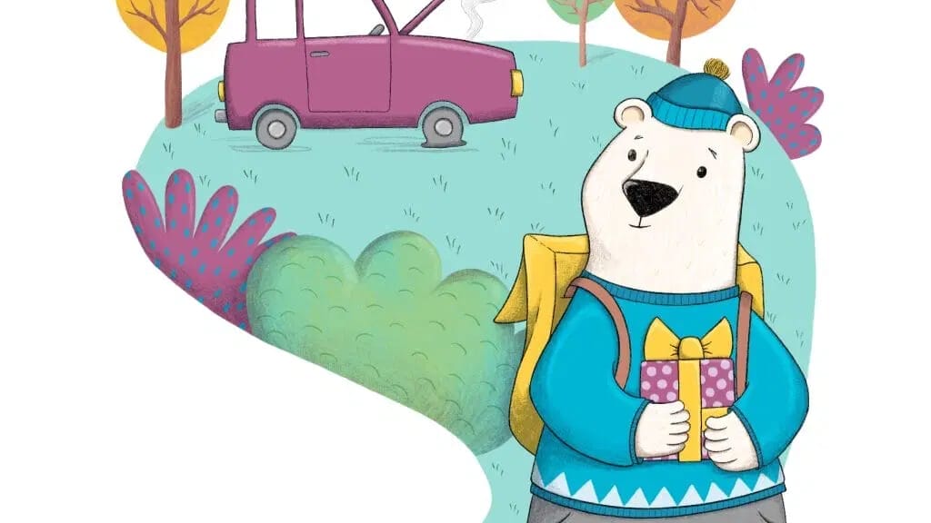Illustration of a white bear wearing a blue sweater, blue hat, and yellow backpack, holding a purple gift with a yellow ribbon. In the background, a purple car with its hood open is emitting steam, suggesting it's broken down. The scene is set in a colorful landscape with trees and bushes in autumn tones.