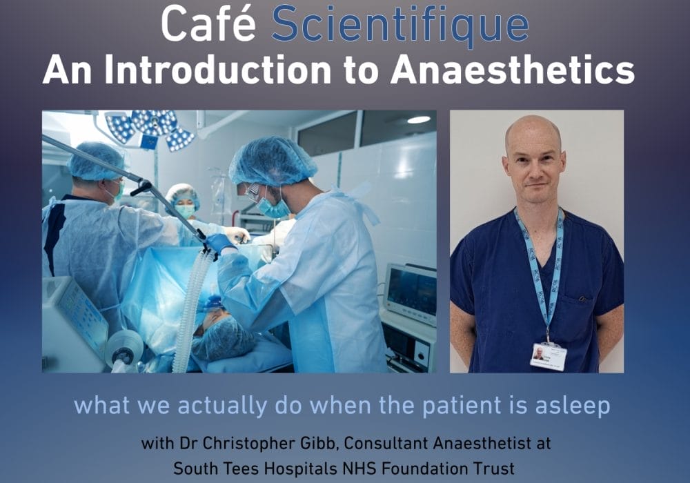 A health professional wearing blue surgical scrubs and a photo of of a medical team operating on a patient