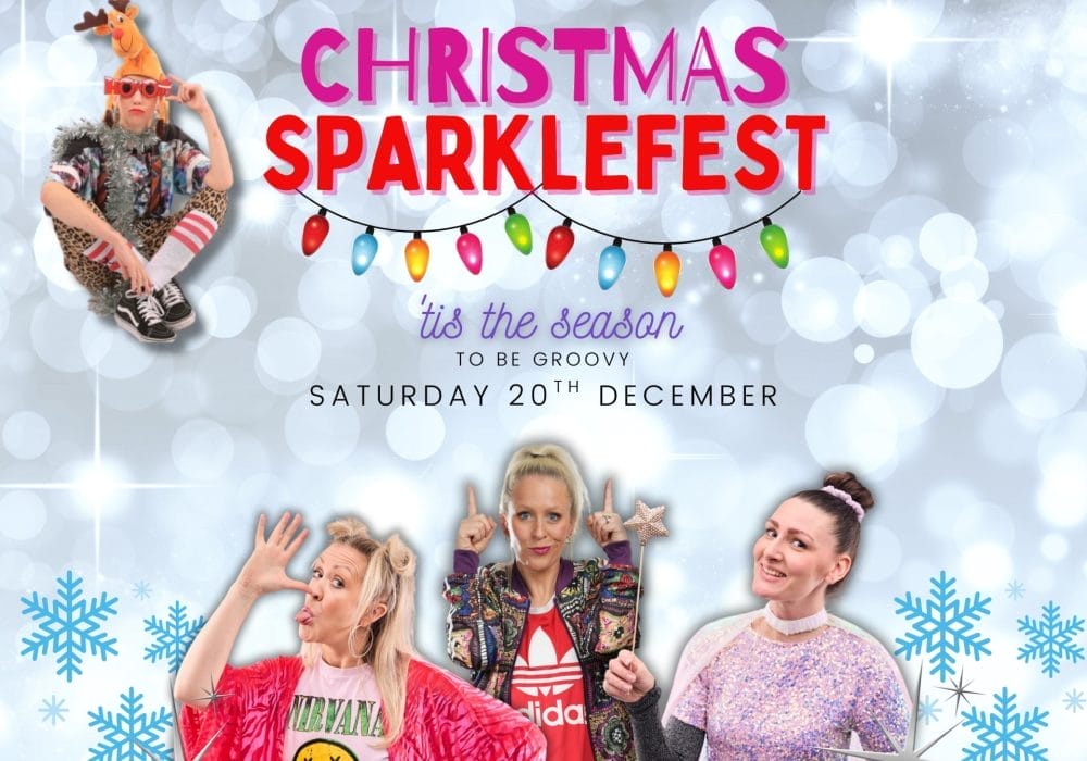 Promotional poster for a Christmas Sparklefest, featuring four costumed individuals, festive font, string lights, and snowflakes against a sparkly background.