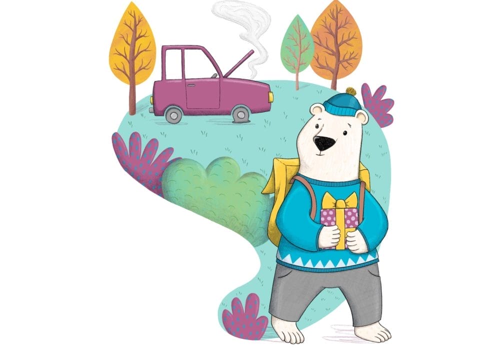 Illustration of a white bear wearing a blue sweater, blue hat, and yellow backpack, holding a purple gift with a yellow ribbon. In the background, a purple car with its hood open is emitting steam, suggesting it's broken down. The scene is set in a colorful landscape with trees and bushes in autumn tones.