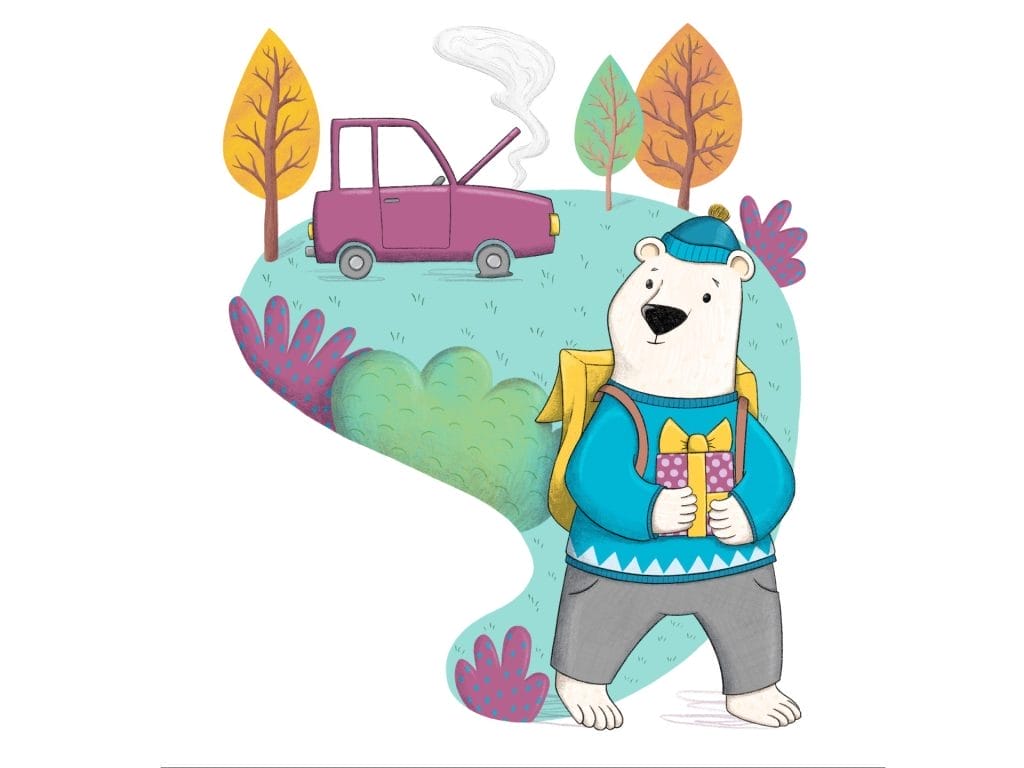 Illustration of a white bear wearing a blue sweater, blue hat, and yellow backpack, holding a purple gift with a yellow ribbon. In the background, a purple car with its hood open is emitting steam, suggesting it's broken down. The scene is set in a colorful landscape with trees and bushes in autumn tones.