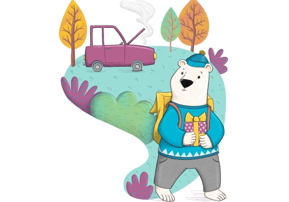Illustration of a white bear wearing a blue sweater, blue hat, and yellow backpack, holding a purple gift with a yellow ribbon. In the background, a purple car with its hood open is emitting steam, suggesting it's broken down. The scene is set in a colorful landscape with trees and bushes in autumn tones.