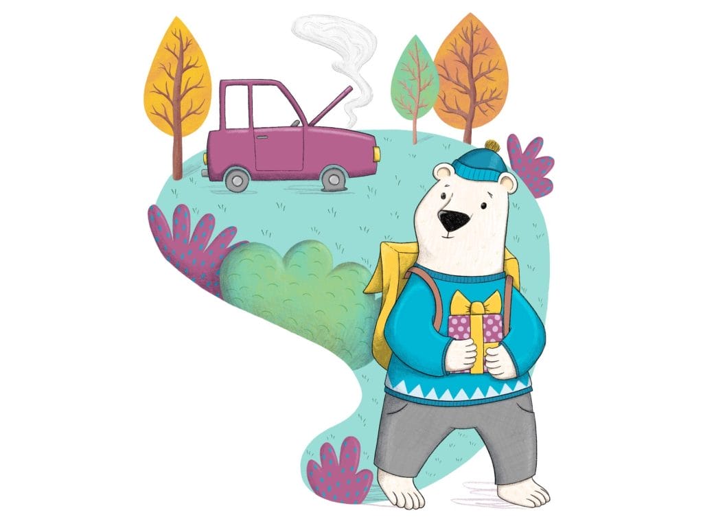 Illustration of a white bear wearing a blue sweater, blue hat, and yellow backpack, holding a purple gift with a yellow ribbon. In the background, a purple car with its hood open is emitting steam, suggesting it's broken down. The scene is set in a colorful landscape with trees and bushes in autumn tones.