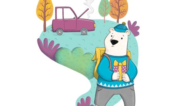 Illustration of a white bear wearing a blue sweater, blue hat, and yellow backpack, holding a purple gift with a yellow ribbon. In the background, a purple car with its hood open is emitting steam, suggesting it's broken down. The scene is set in a colorful landscape with trees and bushes in autumn tones.