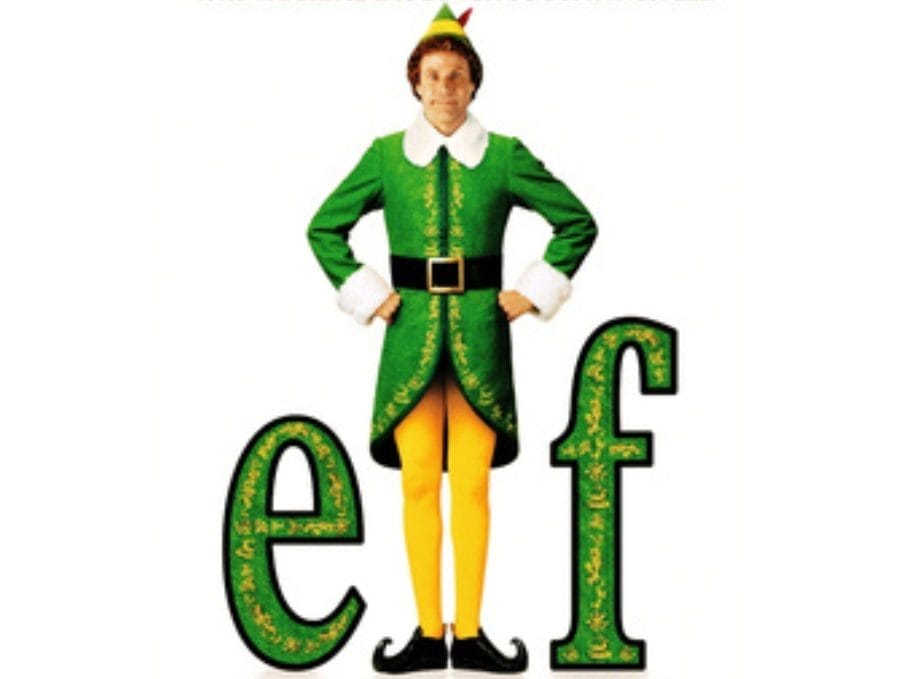 Movie poster for the 2003 film *Elf*, featuring actor Will Ferrell as the title character in a green elf costume with the word "Elf" in large green letters at the bottom.