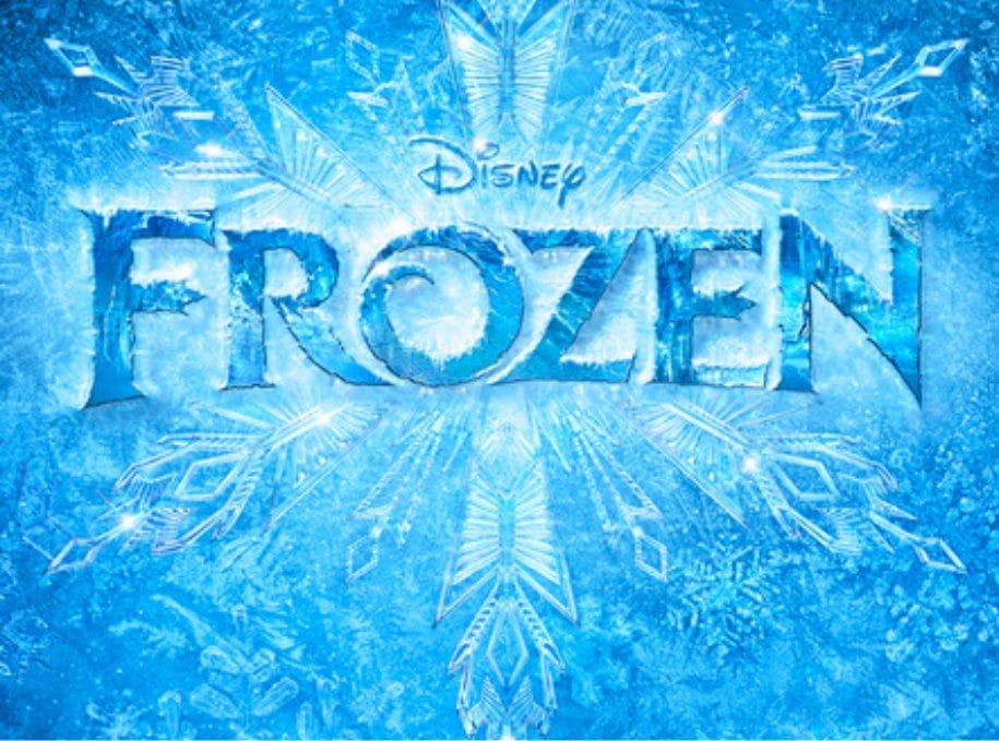 Disney's Frozen movie logo on a textured, light-blue icy background with stylized snowflakes and ice crystals.