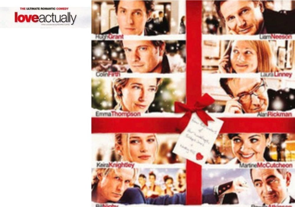 Movie poster for "Love Actually" featuring a grid of headshots of the film's cast members framed by a red ribbon and bow, with cast names superimposed over each image, and film title at the top left.