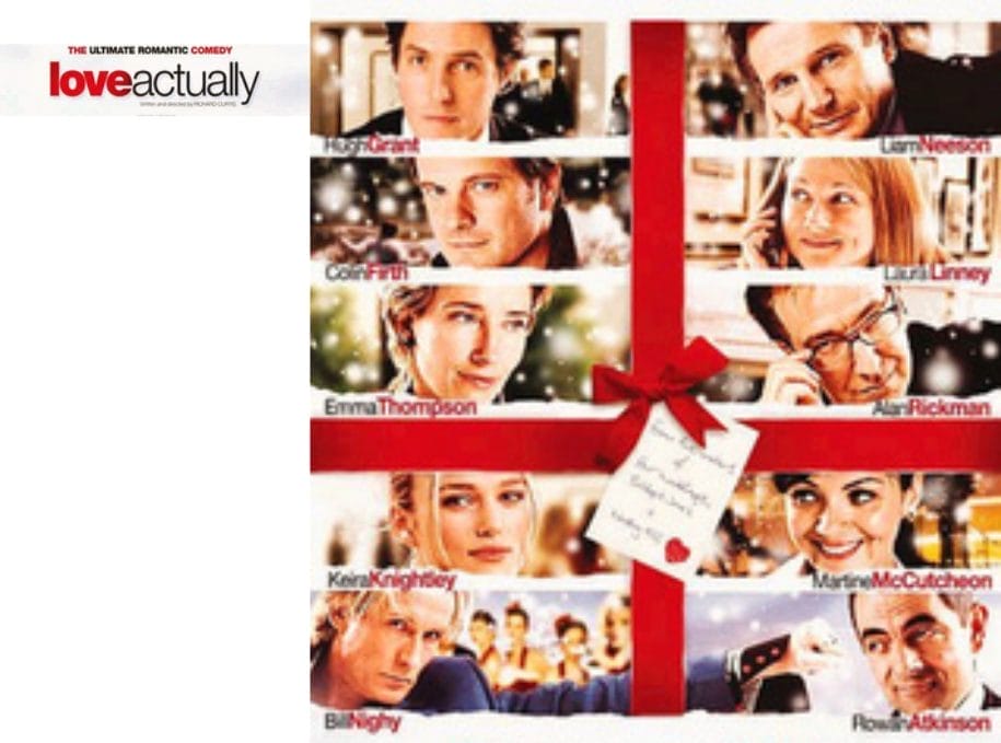 Movie poster for "Love Actually" featuring a grid of headshots of the film's cast members framed by a red ribbon and bow, with cast names superimposed over each image, and film title at the top left.