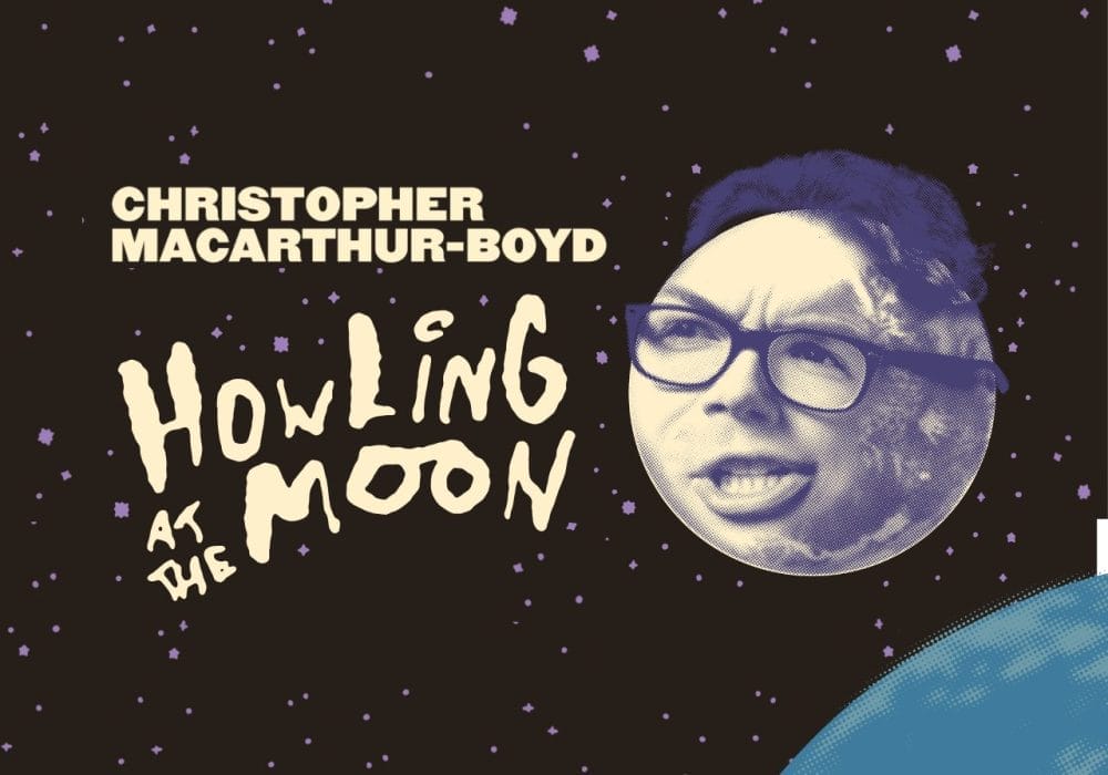A circular portrait photo of Christopher wearing glasses against a dark starry background with purple and blue cosmic elements