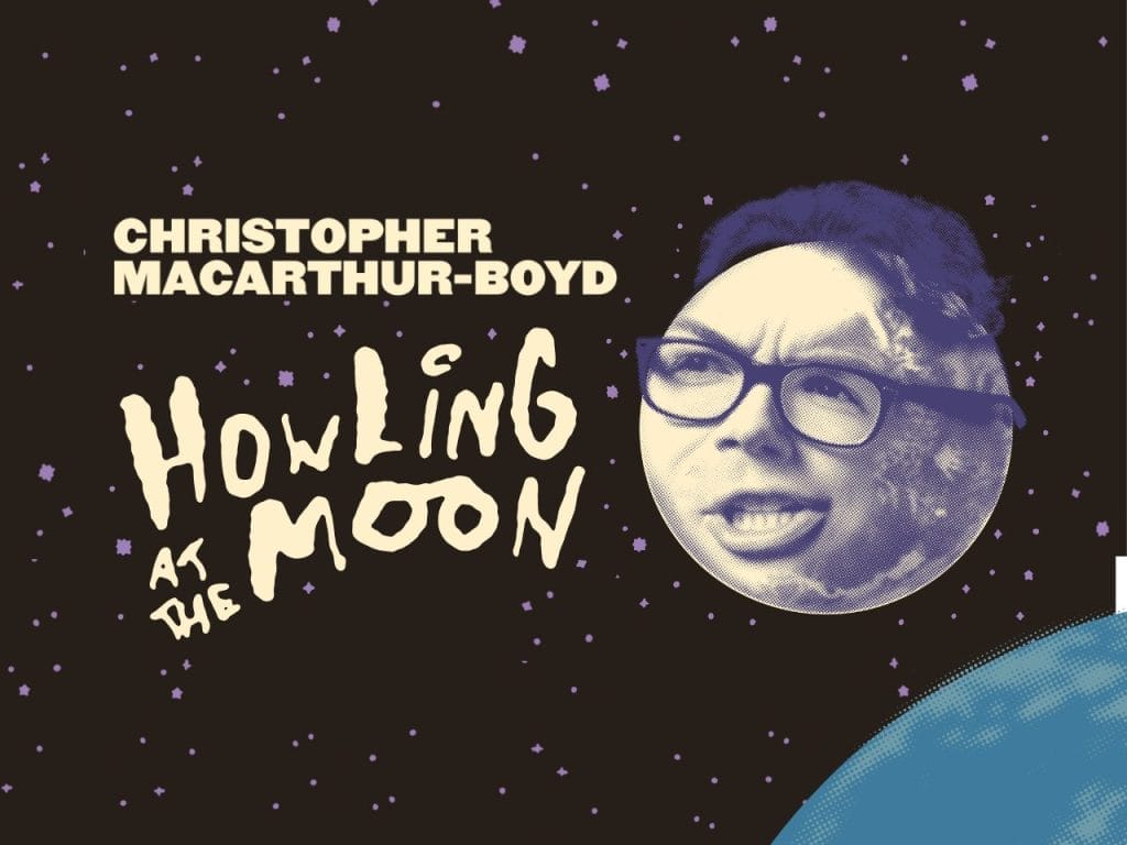 A circular portrait photo of Christopher wearing glasses against a dark starry background with purple and blue cosmic elements