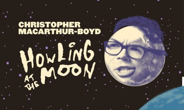 A circular portrait photo of Christopher wearing glasses against a dark starry background with purple and blue cosmic elements